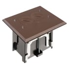 Non Metallic adjustable floor box. Brown with threaded plugs. Includes tamper resistant duplex receptacle, cover plate with gasket and Arlington NM94 connector and Arlington NM900 knockout plug.